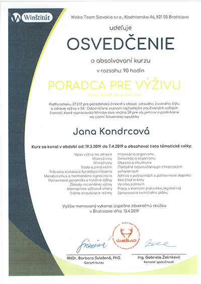 Osvedčenie - poradca pre výživu
